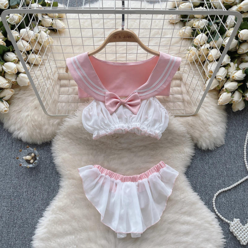 Description Picture 3 of itemSINGREINY Bow Sheer Japan Style Erotic Suits Lingerie Women Navy Collar Sleeveless Tops+Chiffon Briefs Sweet Sexy Underwear Sets