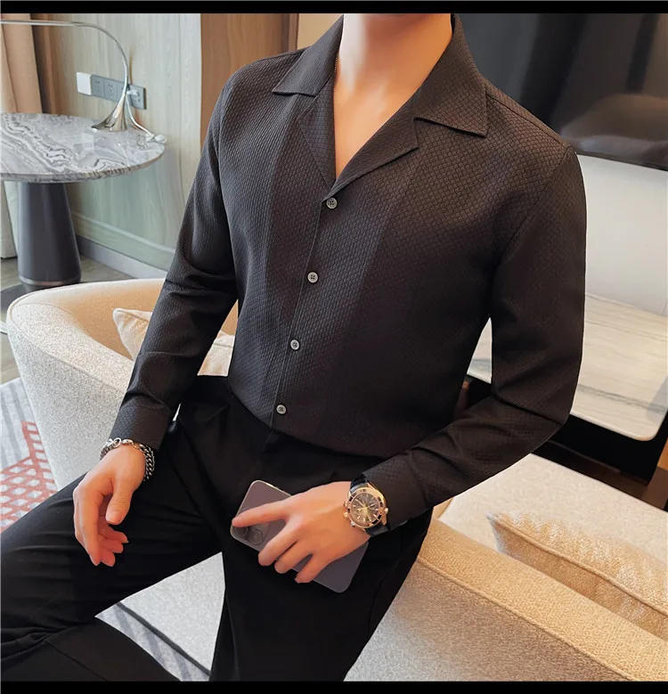 Description Picture 6 of item2024 Spring Summer V-neck Long Sleeved Shirt for Men's Business Casual Formal Dress Shirts Male Social Party Tuxedo Streetwear