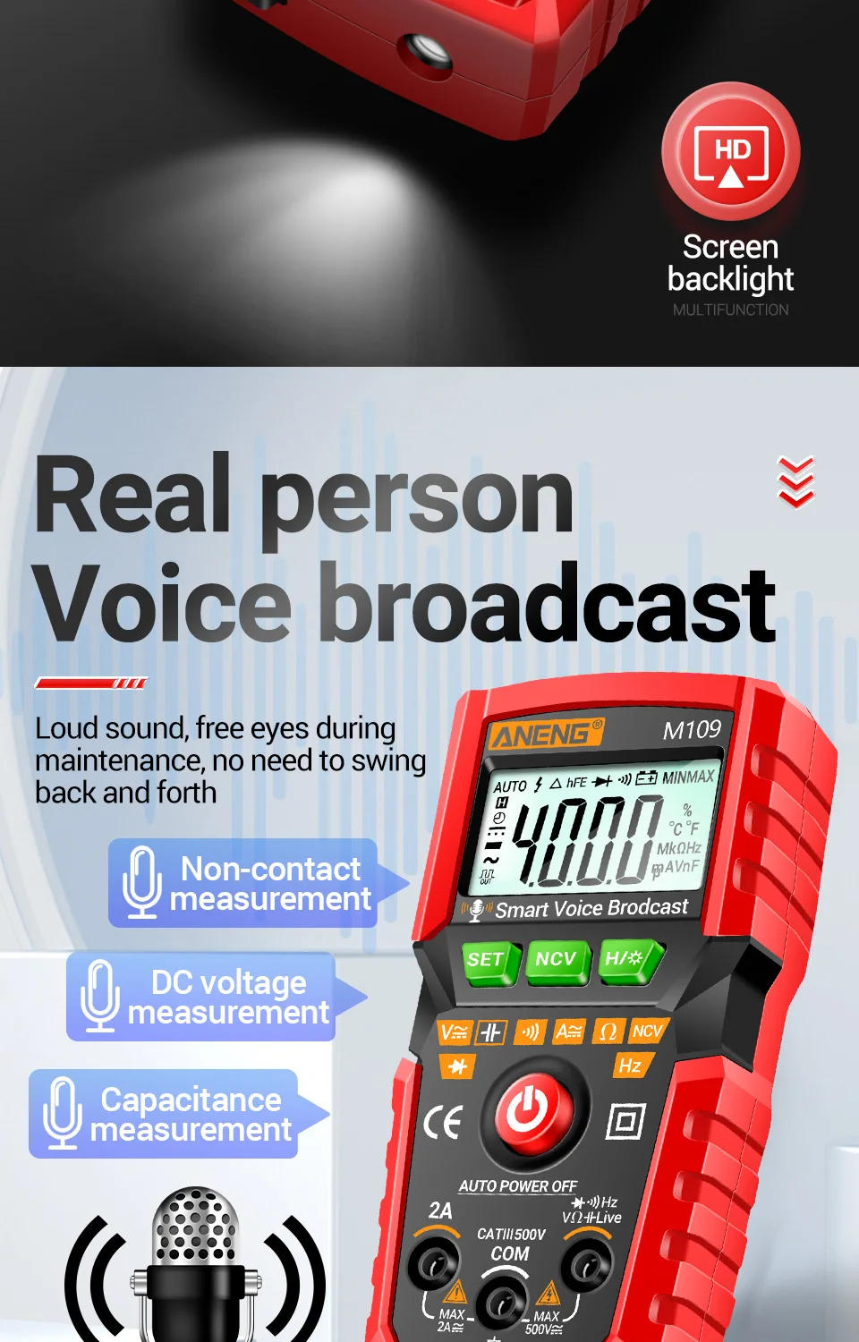 Description Picture 5 of itemANENG M109 Digital Multimeter 4000 count AC/DC Voice Broadcast Electrical Instruments Tester Auto Multimetro Profesional Meter