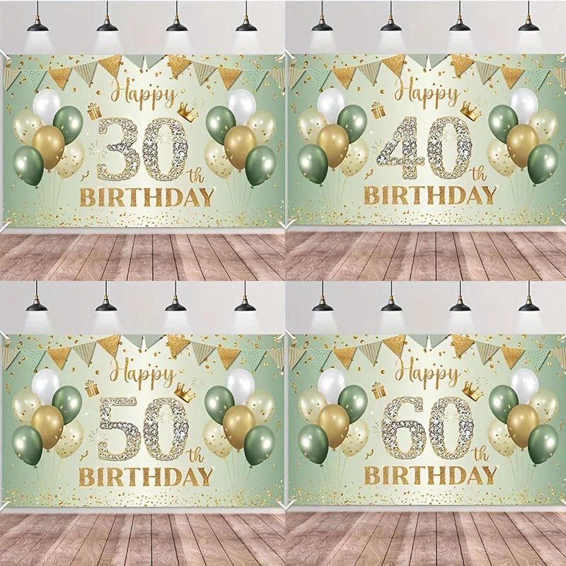 Description Picture 2 of item1SET Golden Green Birthday Banner for 30 40 50 60th Birthday Party Background Banner Decoration Supplies For Photography