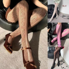Women Sexy Sheer Mesh Tights Rose Flower Jacquard Patterned Fishnet Stockings Side Hollow Out Striped Pantyhose Leggings