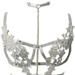 White Imitation Pearl Harness Cage Bra Floral Lace Wedding Bride Honeymoon Gift Elastic Adjust Strap Sexy Lingerie Body Harness
