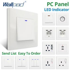 Wallpad White PC Panel 1 2 3 Gang 2 Way With LED Wall Light Switch and EU Electric Outlet With 2 USB Charge Port Socket 110 220V