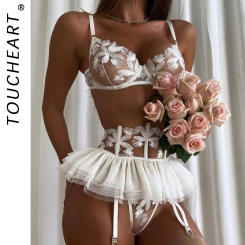 Toucheart 3 Piece Set Lingerie Garter Sets Lingerie For Woman Sexy Mini Skirt See-Through Embroidered Bra Erotic Underwear New
