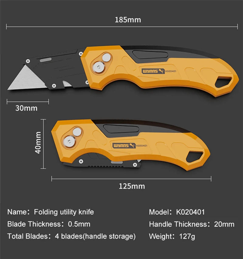 Description Picture 2 of itemWYNN'S 4-Pack Heavy Duty Folding Utility Knives Set Quick Change Retractable Blades Includes 20 Extra Blades for Cartons & Boxes