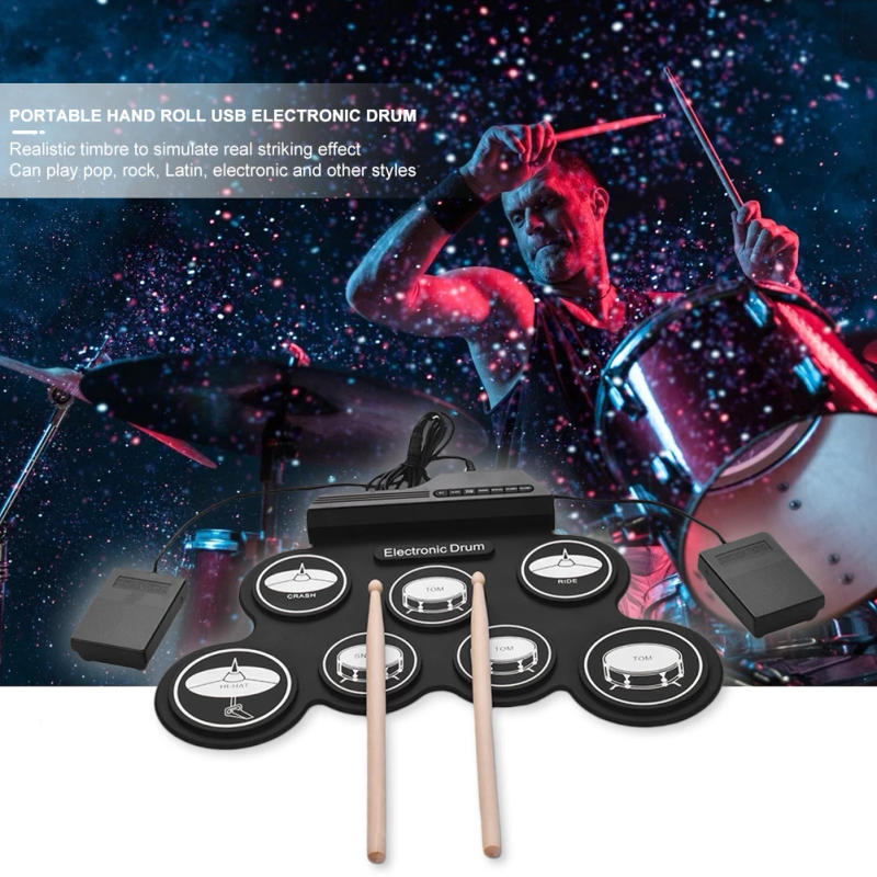 Description Picture 5 of itemElectronic Roll Up Drum Set with Pedals and Sticks Portable Silicone Drum Practice Pad Digital Foldable Electric Compact Kit