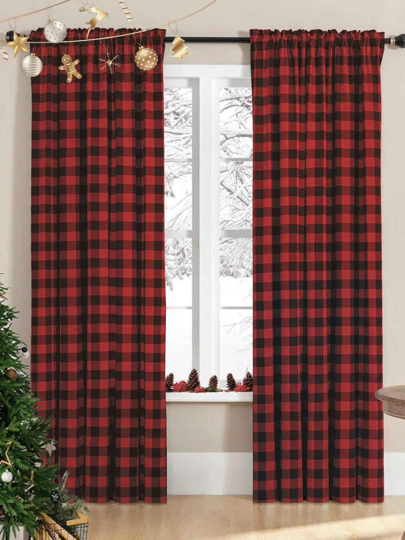 Description Picture 4 of itemGreen Check Plaid Curtains Farmhouse Style Gingham Curtain Christmas Decorative Adjustable Shades Rod Pocket Window Valances