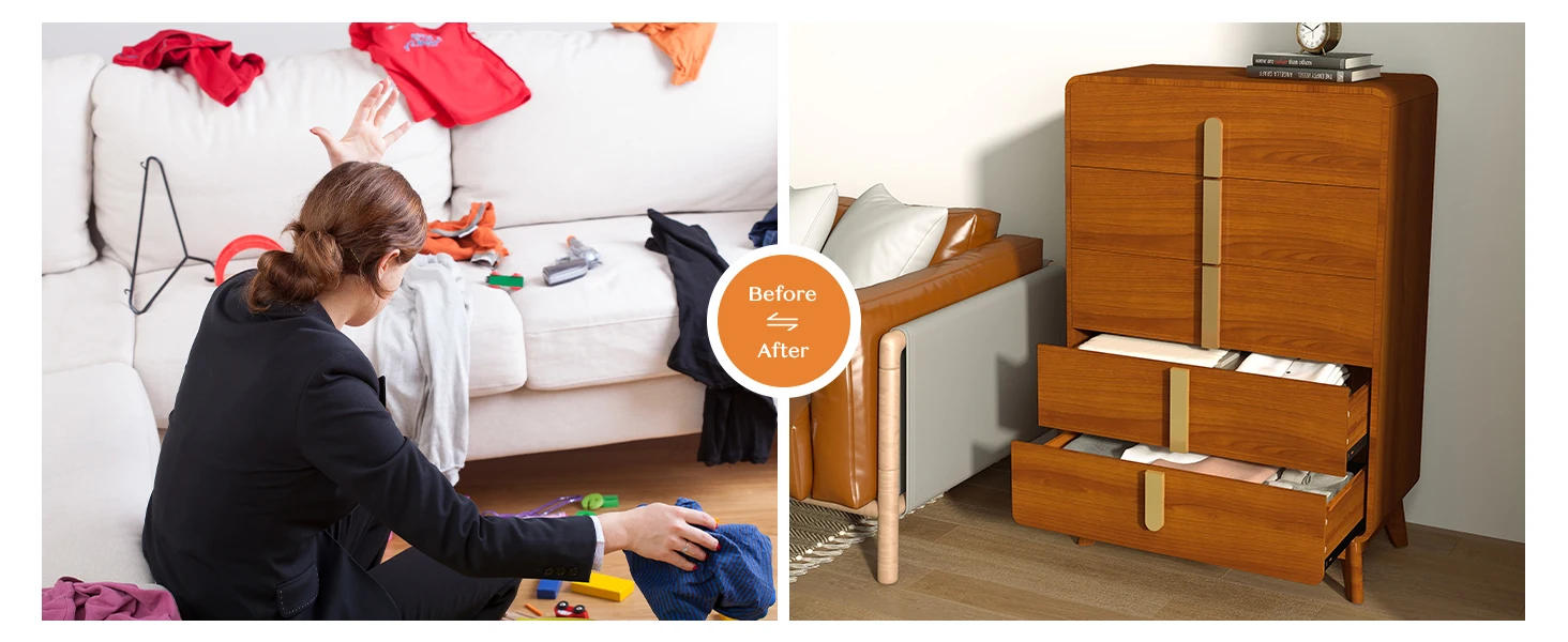 Description Picture 5 of item5 Drawer Dresser with Storage,Mid Century Modern Dresser,Chest of Drawers with Metal Handle,47" Tall Cherry Wood Dresser