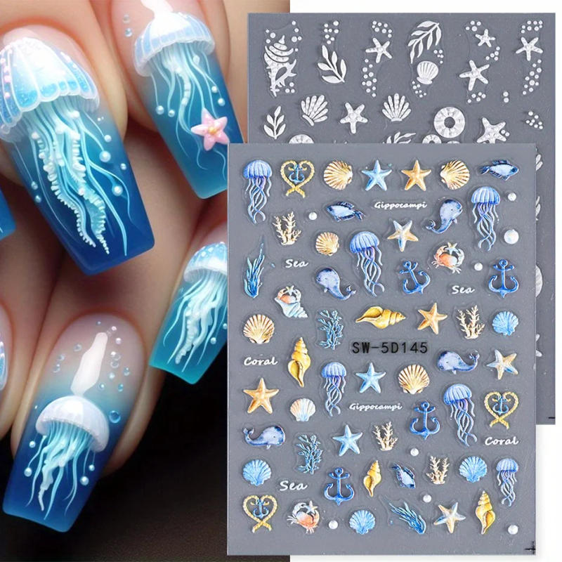 Description Picture 3 of item5D Jellyfish Summer Beach Nail Stickers White Shell Starfish Screw Adhesive Sliders Mermaid Embossed Decals Manicure Foils Decor
