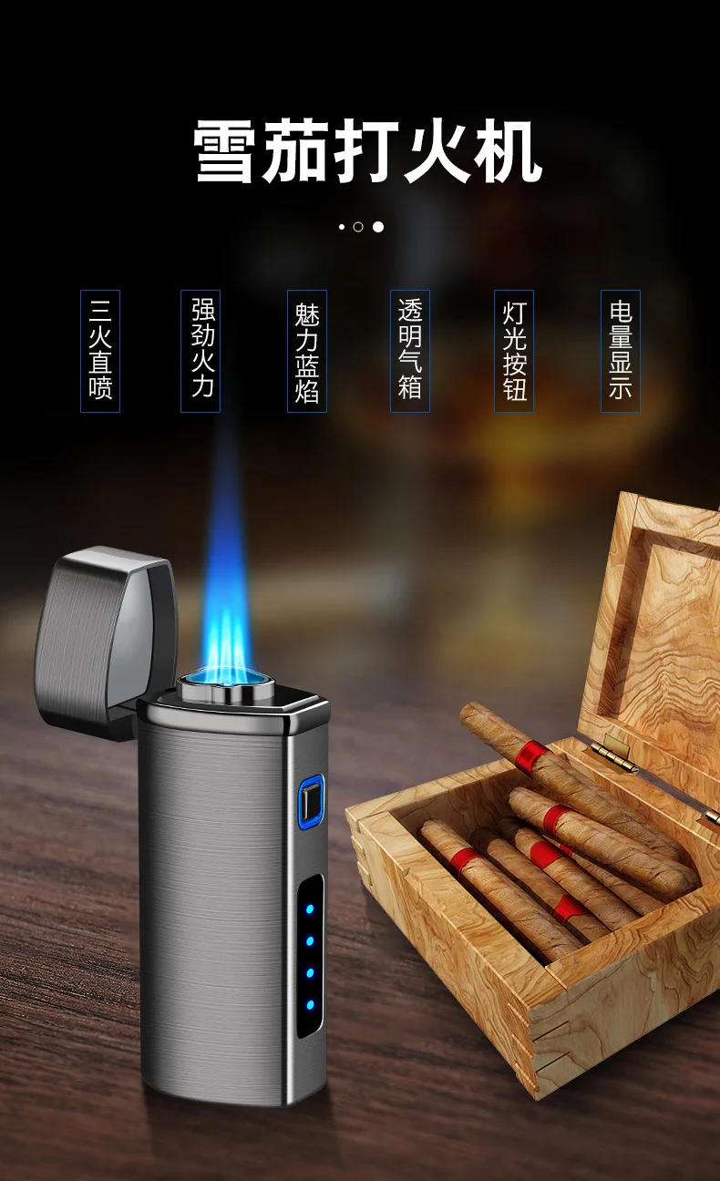 Description Picture 3 of itemMetal USB Triple Torch Transom LED Jet Cigar Lighter Three Nozzle Turbo Windproof Cigar Lighter Smoking Accessories Men‘s Gift