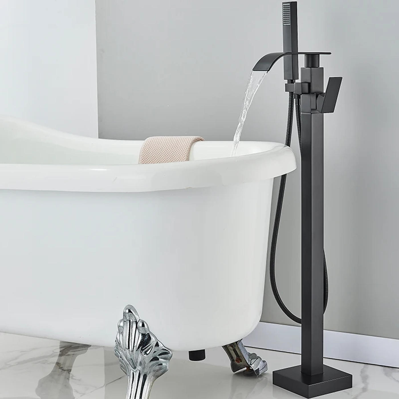 Description Picture 5 of itemFloor Standing Bathtub Faucet Bathroom Shower Set Standing Bath Tub Taps With Hand Shower Waterfall Rotate Spout Hot Cold Mixers