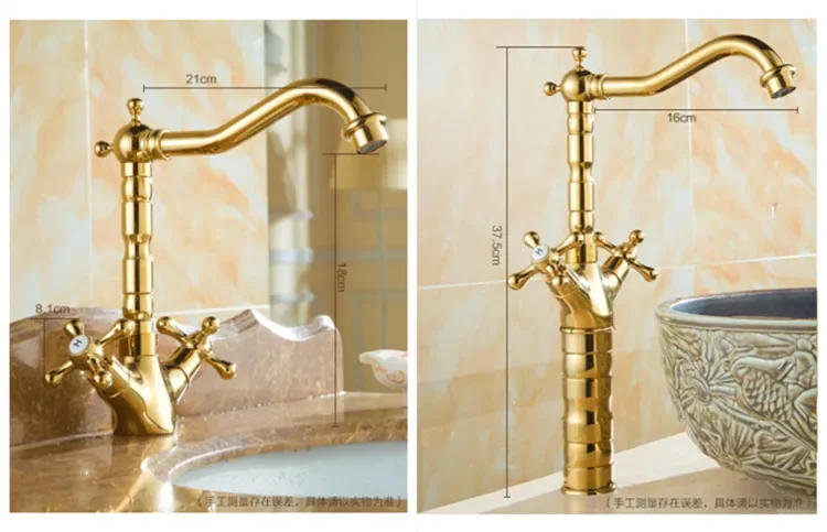 Description Picture 4 of itemGold Finished Bathroom Basin Faucet Double Handle Hot and Cold Mixer Water Tap Deck Mounted Sink Faucet Kitchen High Spout