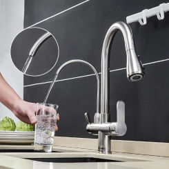 Kitchen Sink Faucet with Pull Down Sprayer 2 Handles 3 in 1 Water Filter Water Purifier Faucet Countertop Sink Hose Accessories