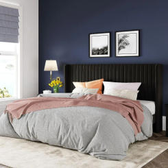 King Size Velvet Bed Frame/Vertical Channel Tufted Wingback Headboard/Upholstered Platform Bed/Strong Wooden Slats/No Box