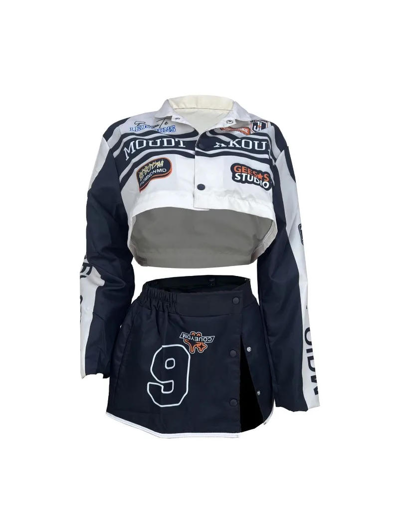 Description Picture 4 of itemWomen Motorcycle Jacket Two Ways To Wear Street Y2K Clothes Print Vintage Dismountable Autumn Winter Coats 2 Piece Set