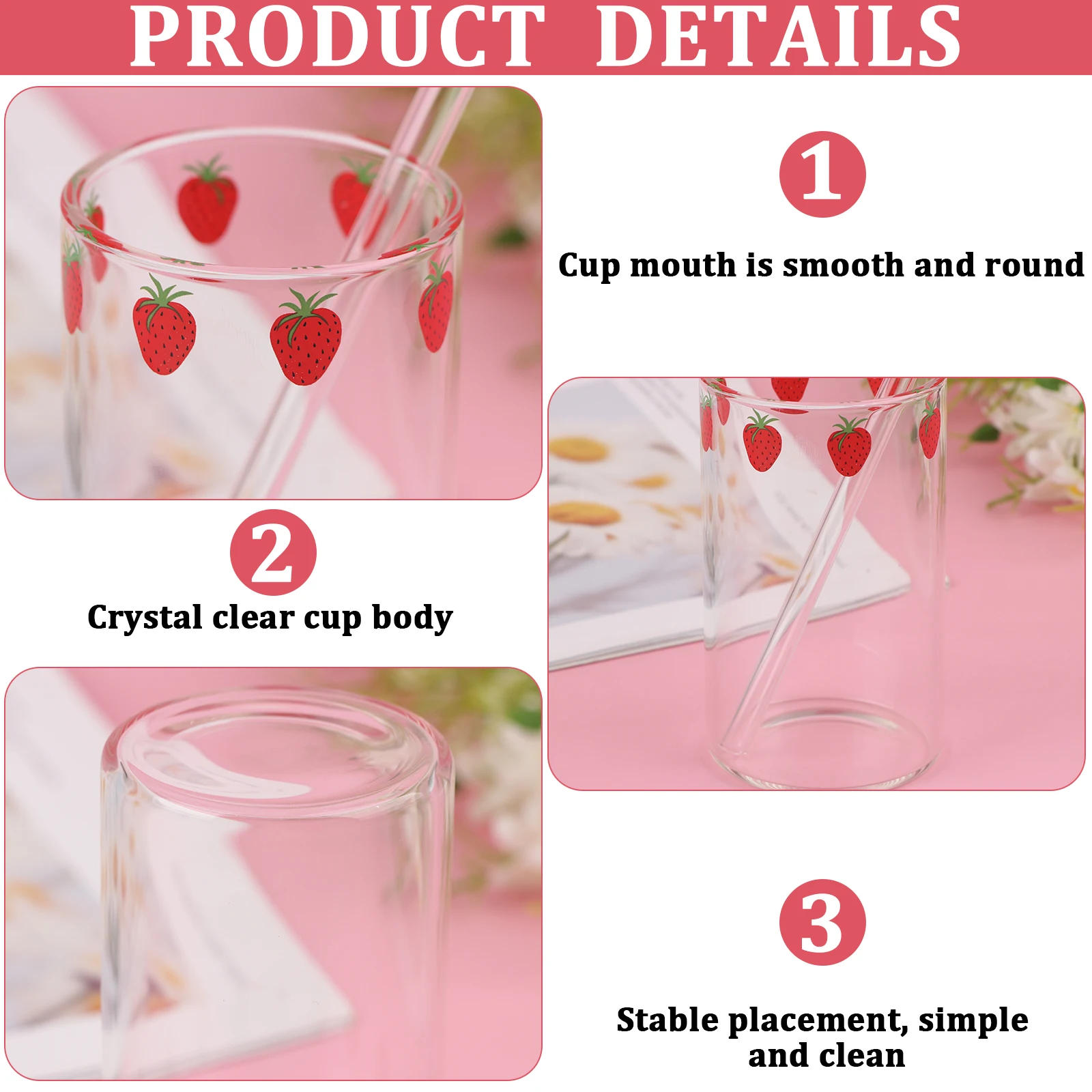 Description Picture 5 of item1-6pcs 300ml Strawberry Coffee Mugs Cute Glass Cup with Straw Creative Transparent Water Drinking Student Milk Gift Drinkware