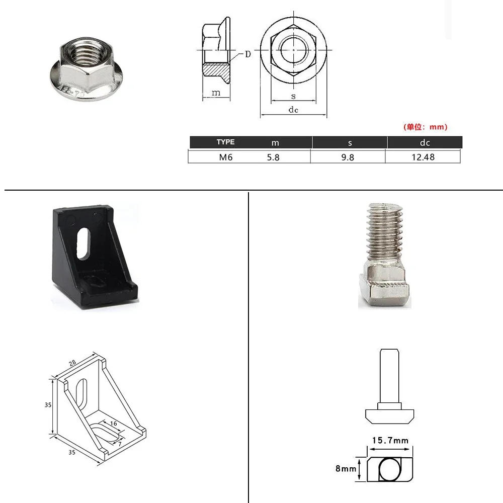 Description Picture 3 of item3030 Aluminum Profile Connector Set: 20pcs 3030 Corner Bracket + 40pcs M6 x 16mm T Bolt Screws + 40pcs M6 Hex Flange Nuts
