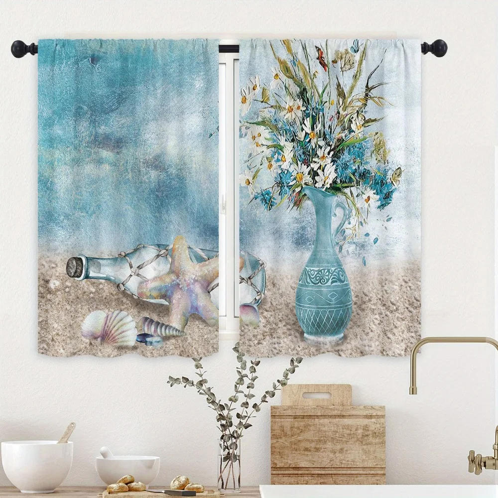 Description Picture 3 of item2Pcs Beach Coastal Starfish Kitchen Curtain Nautical Summer Window Treatment for Living Room Home Decor Cafe Cabinet Decoration