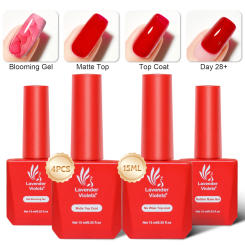 4pcs 15ml Blooming Gel & Matte Top Coat & Glossy Top Coat & Rubber Base Gel Soak Off Gel Nail Polish for Salon Nail Art Design