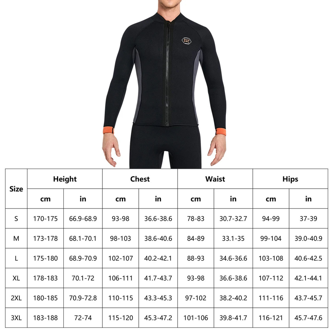 Description Picture 5 of itemMen 3mm Neoprene Long Sleeve Wetsuit Top Warm Front Zipper Wetsuits Shirts for Surfing Swimming Snorkeling Kayaking