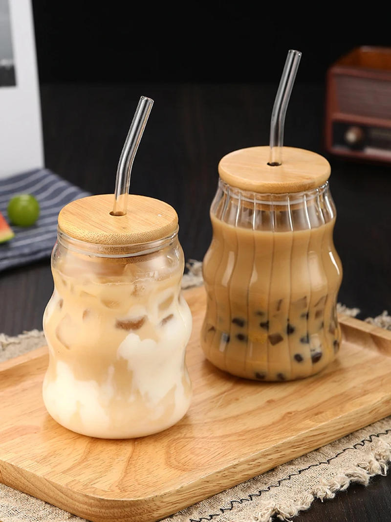 Description Picture 6 of item1/2pcs 500ml Glass Tumblers Cups With Straw Mason Jar Clear Juice Coffee Milk Cup With Bamboo Lids Drinkware Stripe Beer Mug