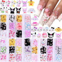6Grids/Box Mixed Sanrio Cartoon Nail Charms Hello Kitty Melody Kuromi Nail Rhinestones Kawaii Decorations Manicure Accessories#K