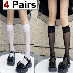 4 Pairs Black White Semi Transparent Nylon Socks Classic Versatile Suitable Daily Wear They Comfortable Breathable Casual Socks