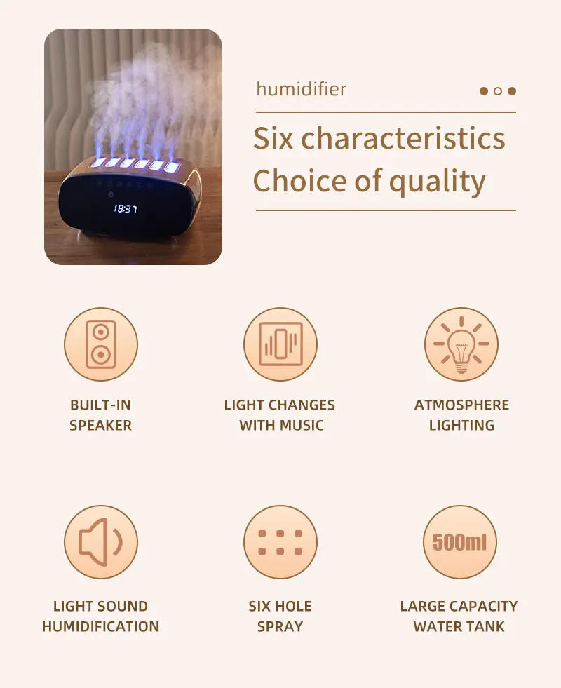 Description Picture 3 of itemNEW 6 Spray Nozzles Pickup Dynamic Air Humidifier with Bluetooth Speaker RGB Night Light Spray Change with Music Remote Control