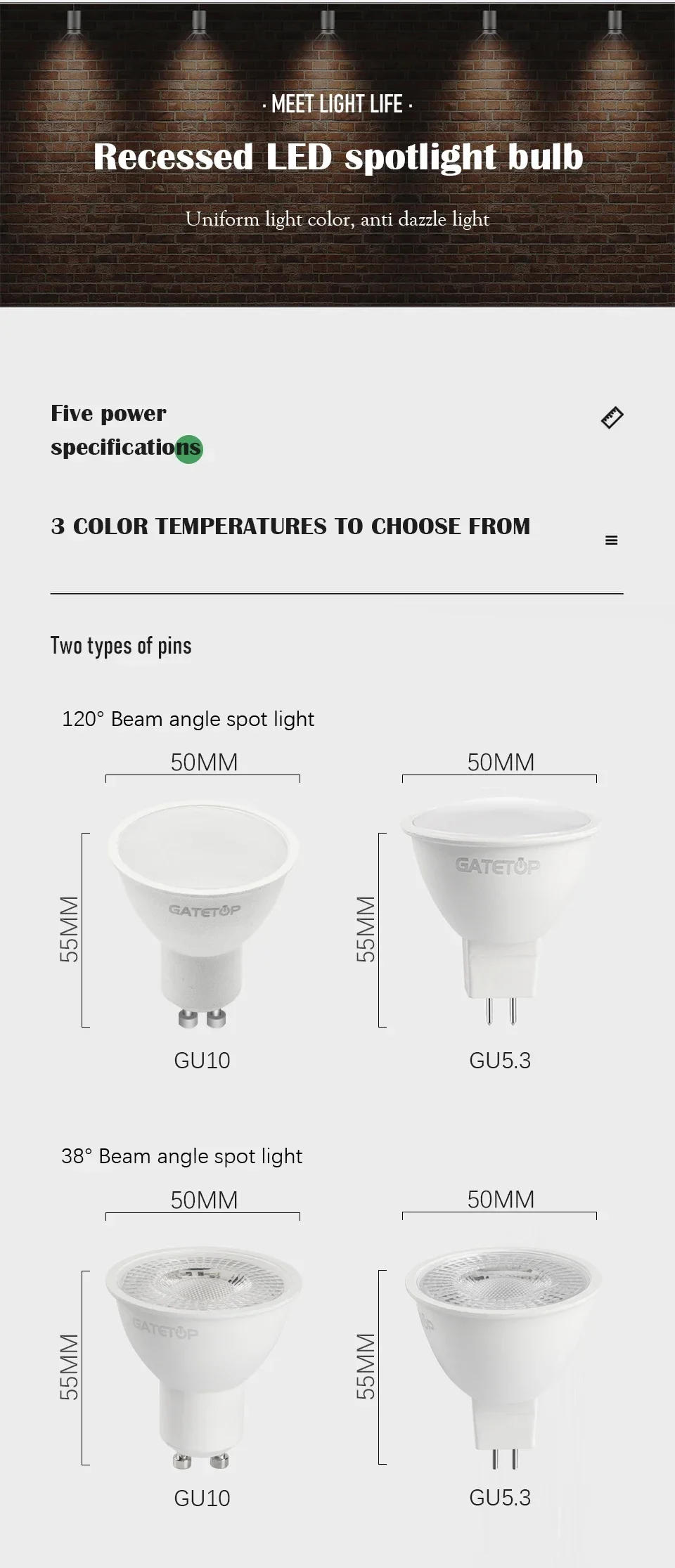 Description Picture 4 of item4PCS LED Spotlight GU10 GU5.3 AC220V/AC100-240V 3W-8W 38 120 degree high lumen warm white light replace 50W 100W halogen lamp