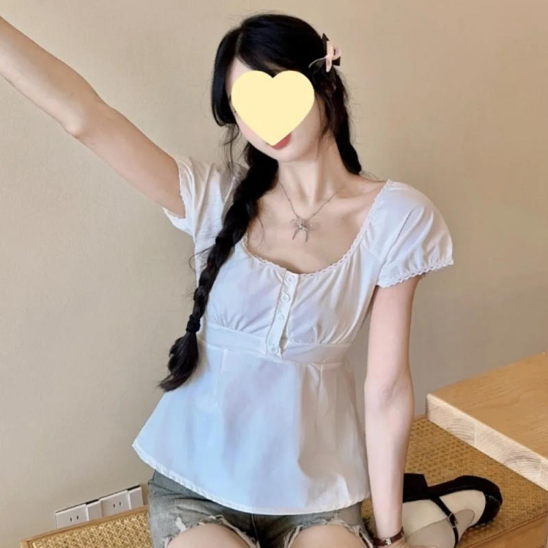 Description Picture 5 of itemShort Sleeved Female Low-necked Tops Shirt Commuting Bottoming Shirt Low-necked White Short T-shirts White Thin