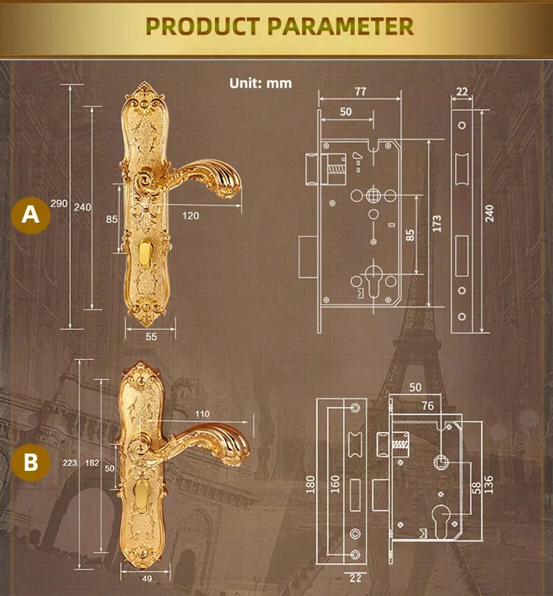 Description Picture 3 of itemEuropen Brass Gate Lock Door Locks Modern Golden Indoor Handle Lockset Villa Rose Golden Wood Door Locksets