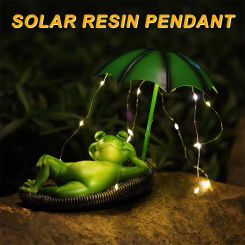 Solar Frog Umbrella Pond Statues Frogs Umbrella LED Sculptures Light Resin Solar Garden Light Ideal Ornament for Yard Lawn Patio