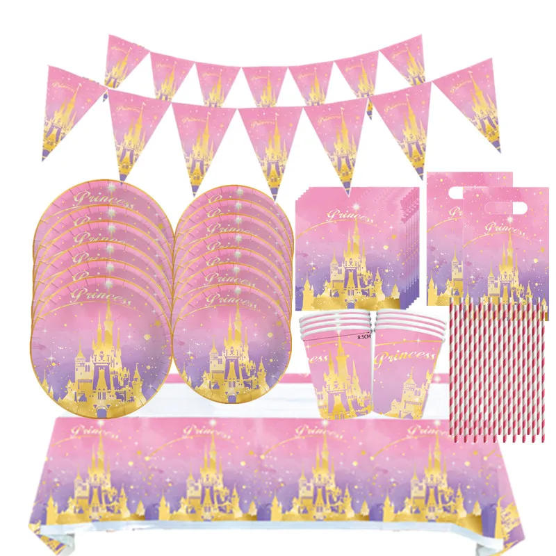 Description Picture 2 of itemPink Princess Castle Tableware Set Dessert Plates Cups tablecolth Balloon Banner Girls favorite Birthday Adult Wedding Decoratio