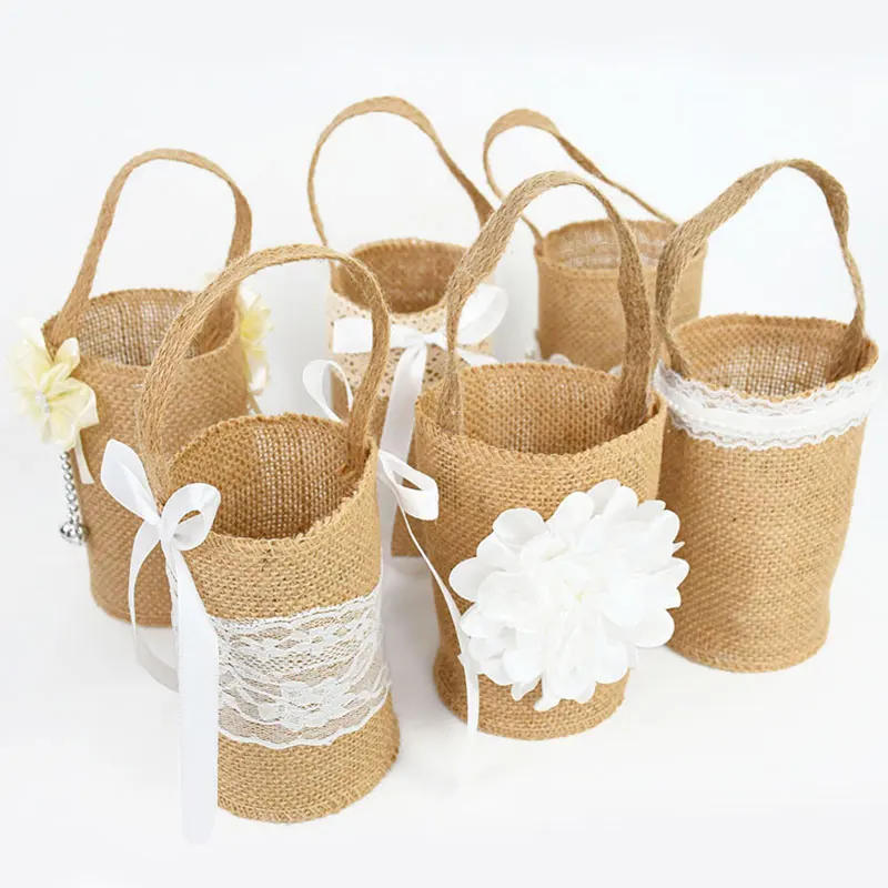 Description Picture 2 of itemRomantic Burlap Jute Flower Basket Ring Box Rustic Wedding Flower Girl Basket With Lace Party Decoration DIY Baby Shower