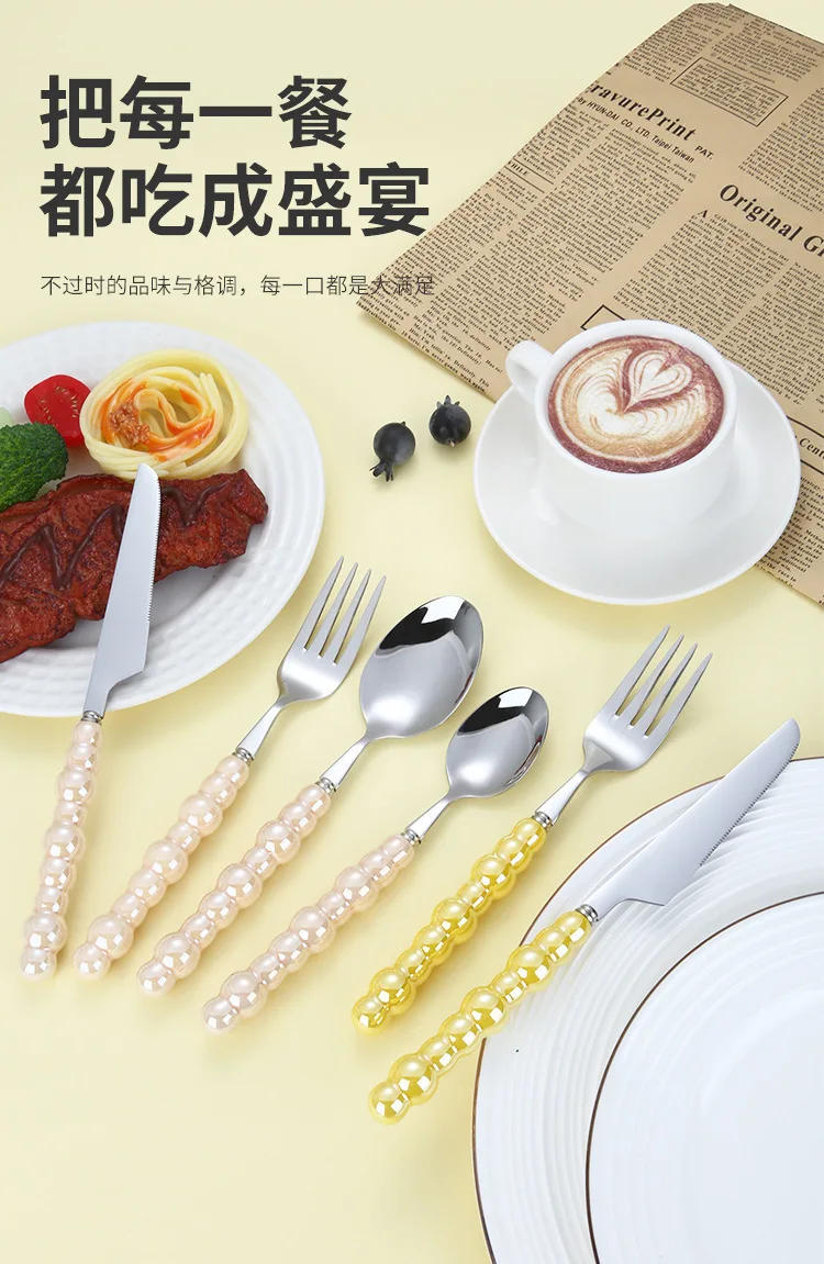Description Picture 4 of item4Pcs/Set Luxury Dinnerware Stainless Steel Spoon and Fork Ceramic Pearl Handle Western Silver Cutlery High-looking Tableware