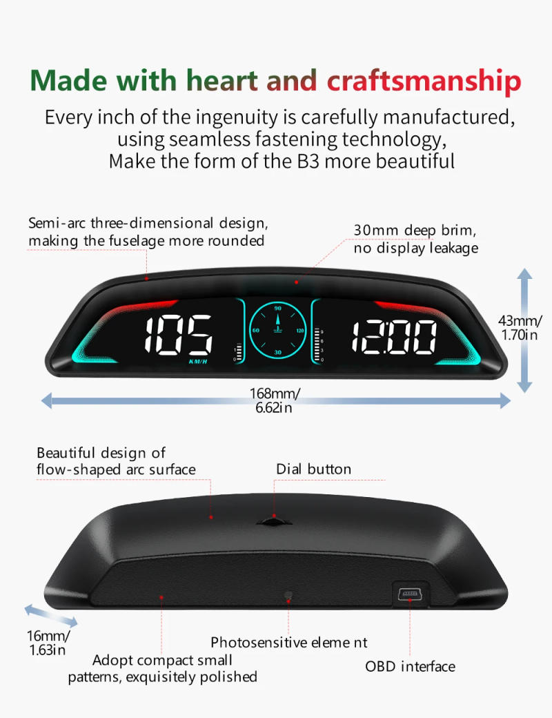 Description Picture 6 of itemB3 G3 OBD/GPS Smart Car HUD Digital Speedometer Speed Clock RPM Voltage Water Temperature Overspeed With Security Alarm