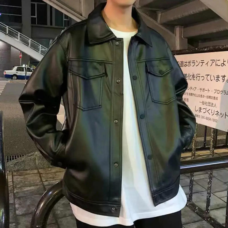 Description Picture 6 of itemMen Faux Leather Jacket Spring Fall Turn-down Collar Men Jacket Button Closure Long Sleeves Black Male Casual Coat