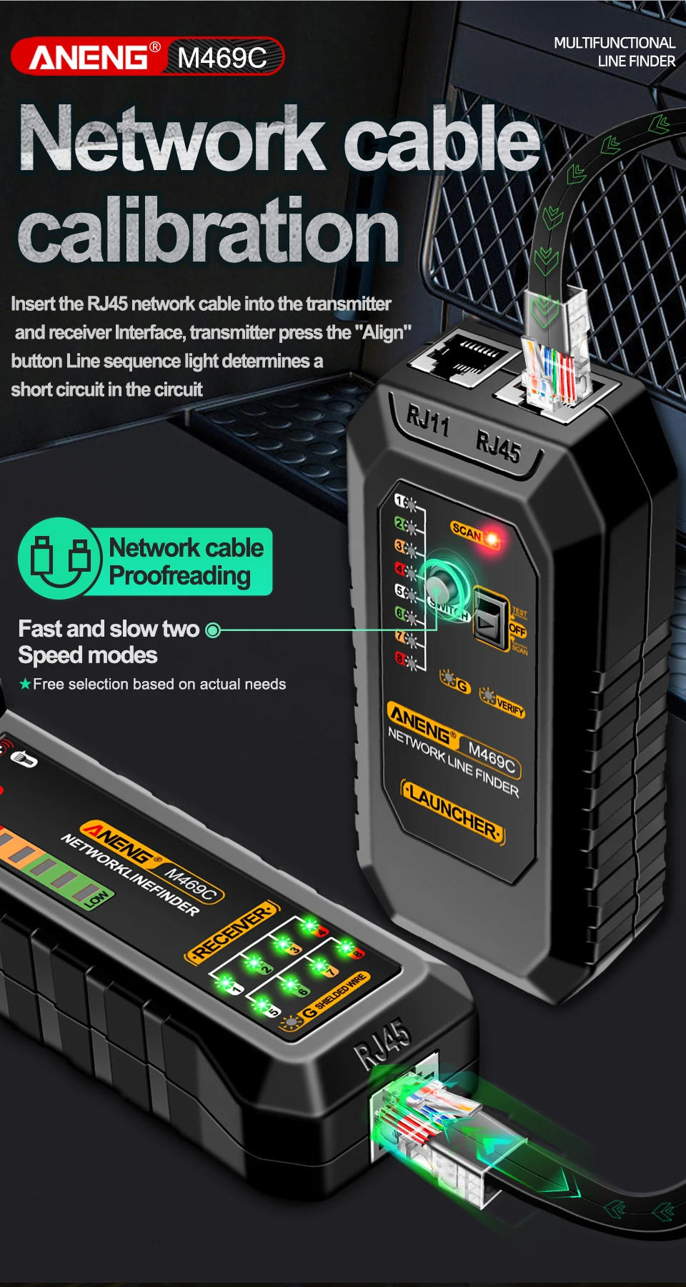 Description Picture 5 of itemANENG M469C Multifunction Network Cable Finder Networking Tool RJ45 RJ11 LAN Cable Tester Trace Measure Network Repair Analyzers