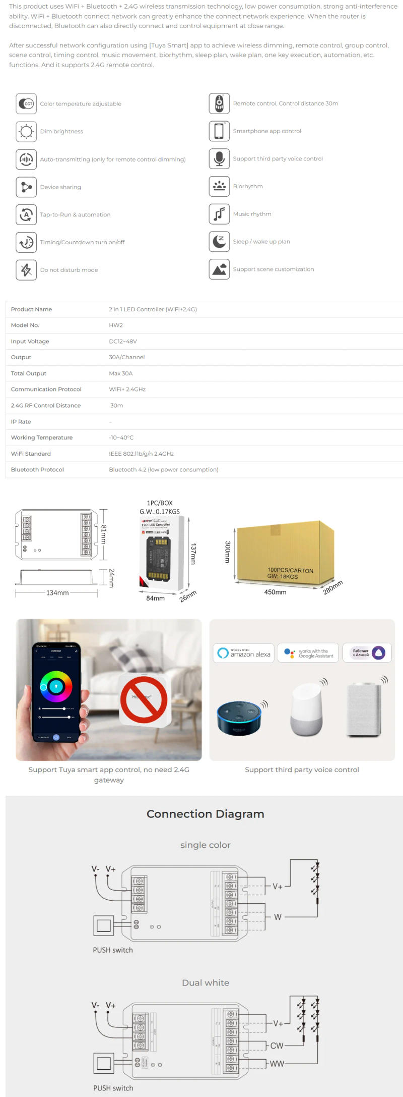Description Picture 3 of itemMiboxer HW2 2IN1 HW5 5IN1 2.4GHz WiFi+RF Controller Large Current Max 30A For Single Color/Dual White/RGB/RGBW/RGB+CCT Led Strip