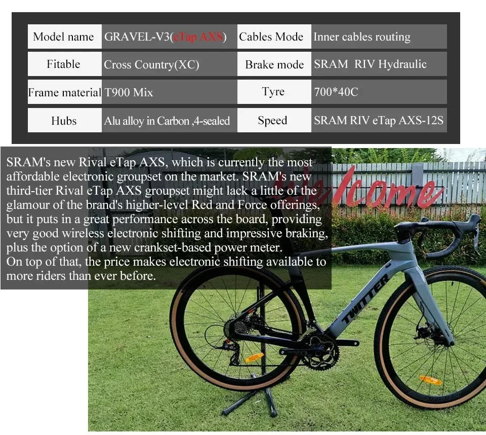 Description Picture 4 of itemcarbon fiber road bike eTap 12 Speed gravel Bicycle with radio hydraulic disc brakes transmission SRAM RIV Road Racing bicicleta