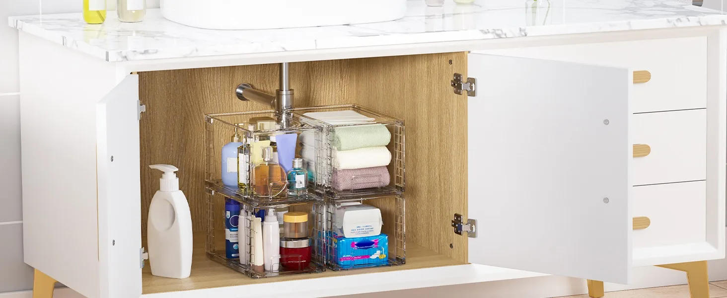 Description Picture 4 of itemVtopmart 4 Pack Large Stackable Storage Drawers,Clear Acrylic Drawer Organizers with Handles, Easily Assemble for Bathroom