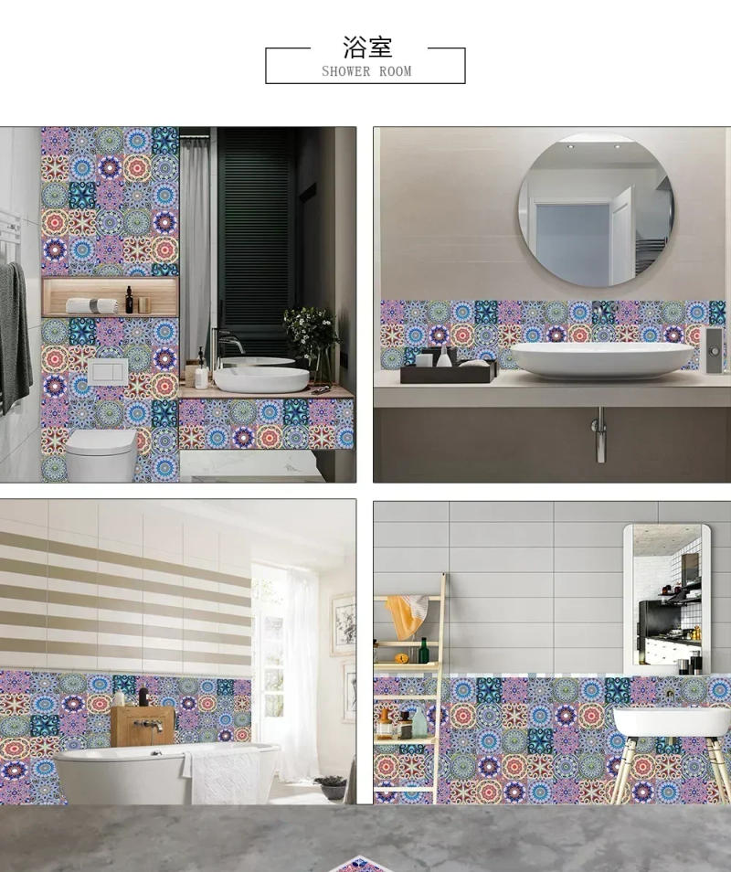 Description Picture 4 of itemHome 10pcs/set Mandala Style Crystal Hard Tiles Ceramics Wall Sticker Kitchen Wardrobe Decor Art Mural & Stick Wall Decals