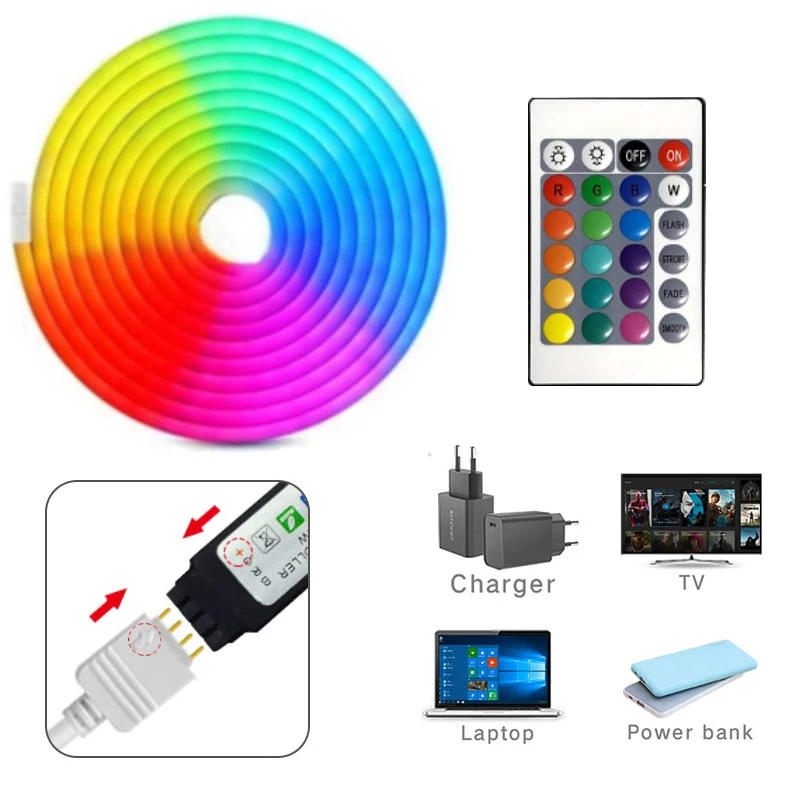 Description Picture 6 of itemDC5V RGB Neon LED Strip with 24key Remote Waterproof Neon Strip Light 1/2/3/4/5M for Room Home Outdoor TV Decor Lighting