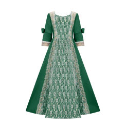 18th Century Medieval Dress Women Retro Royal Style Lace Bow Decor Bell Sleeve Hallowen Party Patchwork Satin Dresses