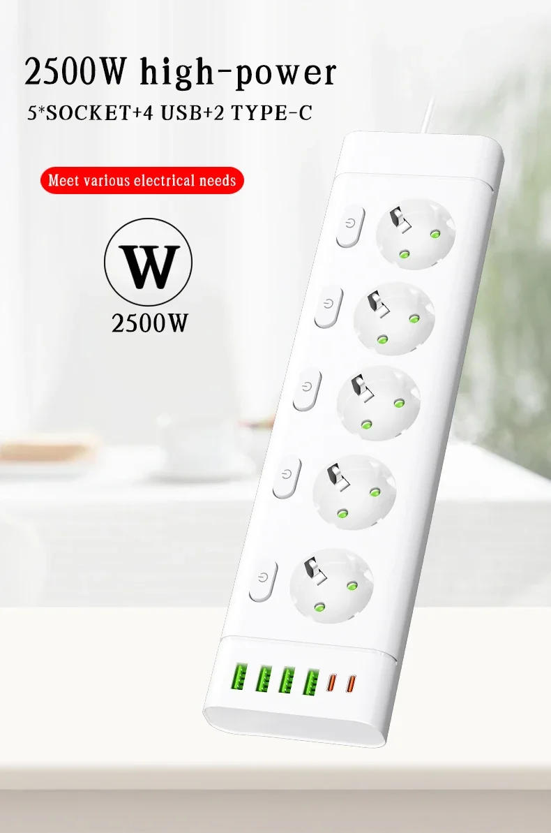 Description Picture 5 of itemEU Plug Power Strip Multiple Independent Control Outlet Sockets 2m Extension Cord Electrical Socket with 4 USB 2 Type-C Ports