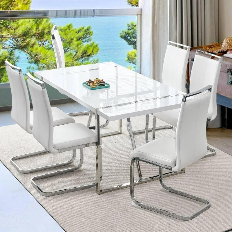 Description Picture 2 of itemSet of dining table for 6 people, leather dining chairs, modern gold-framed dining room with gold-framed white rectangular table