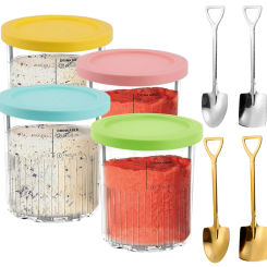 4 Pack Ice Cream Pint Containers Replacement for Ninja Creami NC500 NC501 Series Deluxe ice Cream Makers PintsLids with 4 Spoons