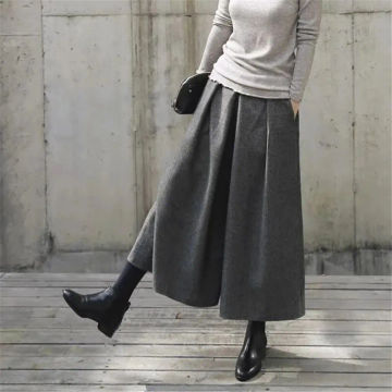 Loose Woolen Wide Leg Skirts Pants Women Pleated Casual Pants Winter Autumn Straight Trousers Elastic High Waist Fat Leg Pants