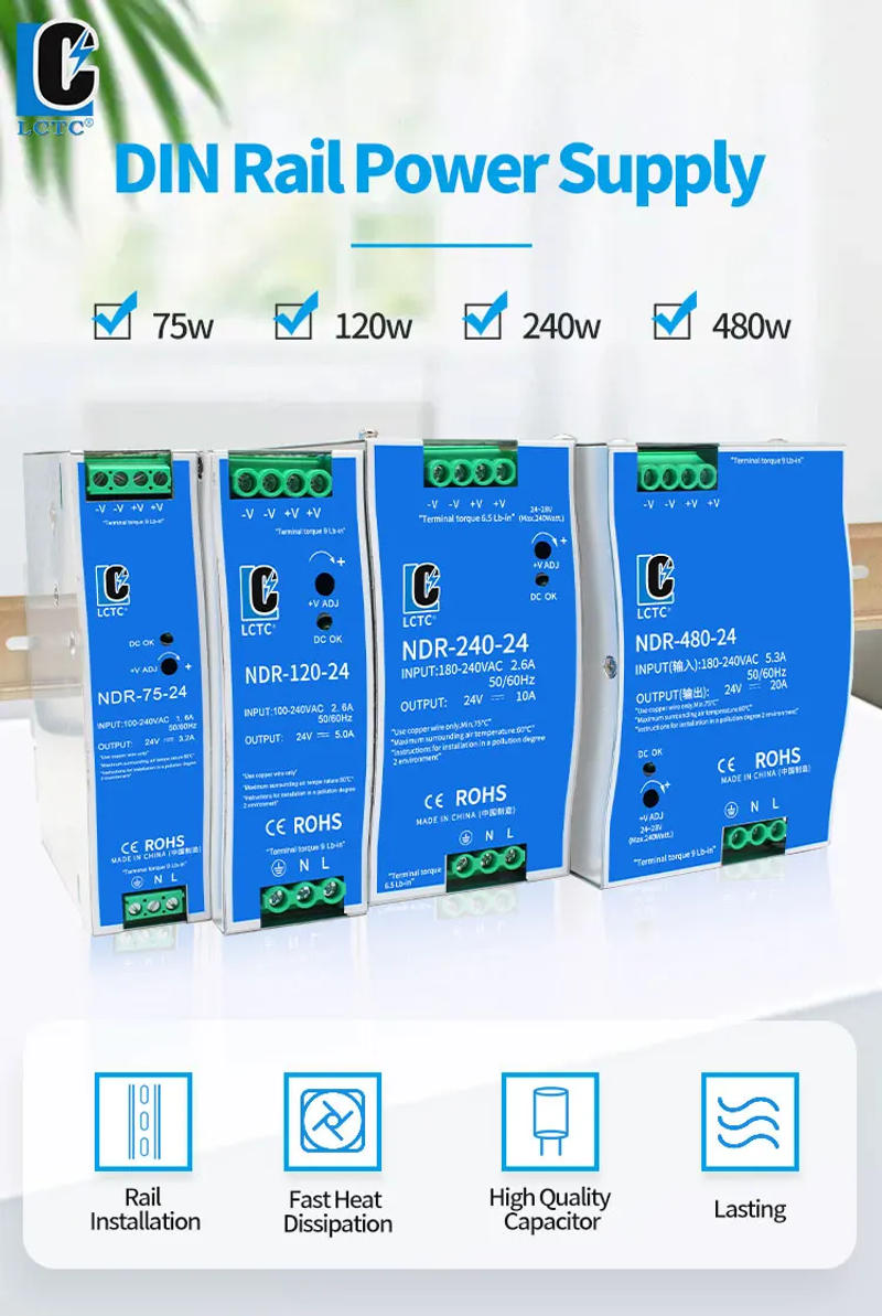 Description Picture 2 of itemLCTC Switching Power Supply NDR-75W 120W 240W 480W Industrial DIN Rail 12V 24V 48V AC/DC Single Output Power Transformer