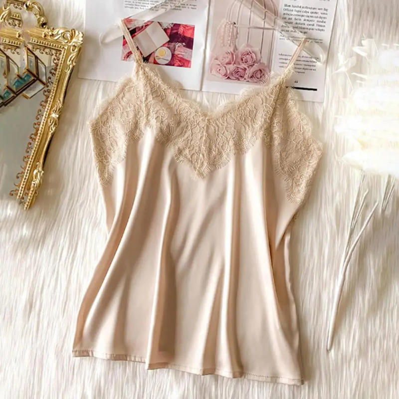 Description Picture 4 of itemWomen Vest Lace Blouse Sleeveless Backless Tank Tops Spaghetti Strap V Neck Silky Casual Soft Women Camisole Top Женская Куртка